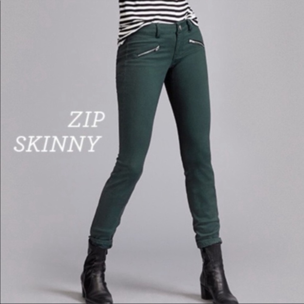 CAbi Zip Moto Skinny Jeans Hunter Green 8